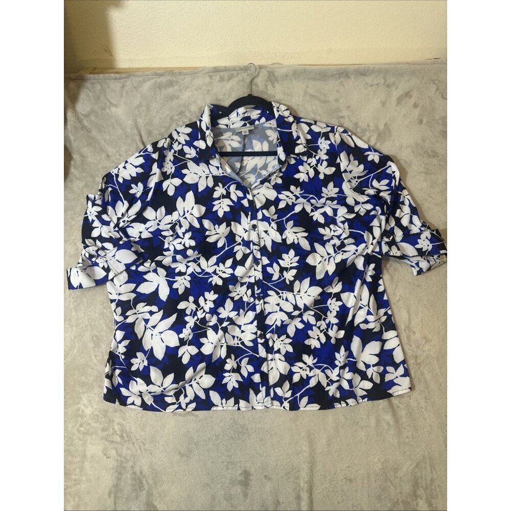 Catherines 3XWP Blouse Blue White Floral Button Front 3/4 Sleeve Plus Size Top